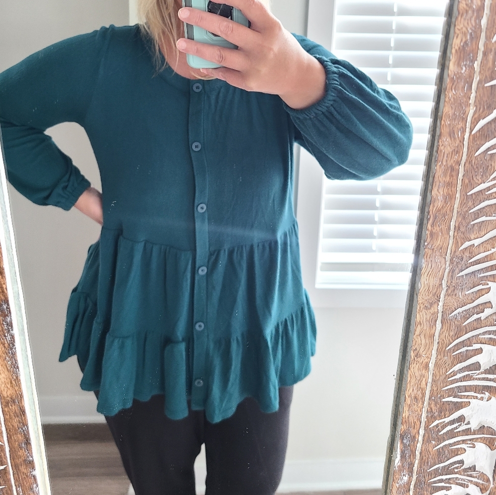 Lane Bryant winter green faux button layered peplum long sleeve top